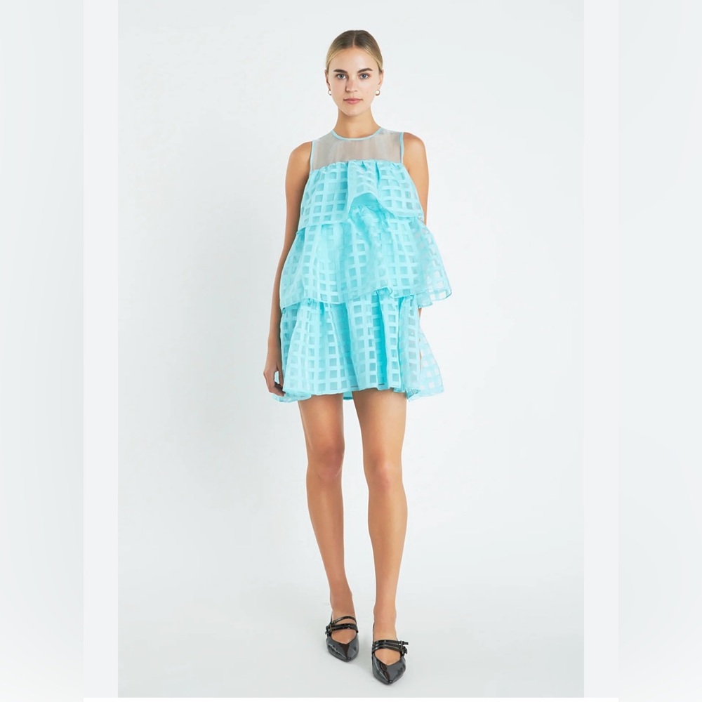 Organza Gridded Tiered Sleeveless Mini
Dress - English Factory